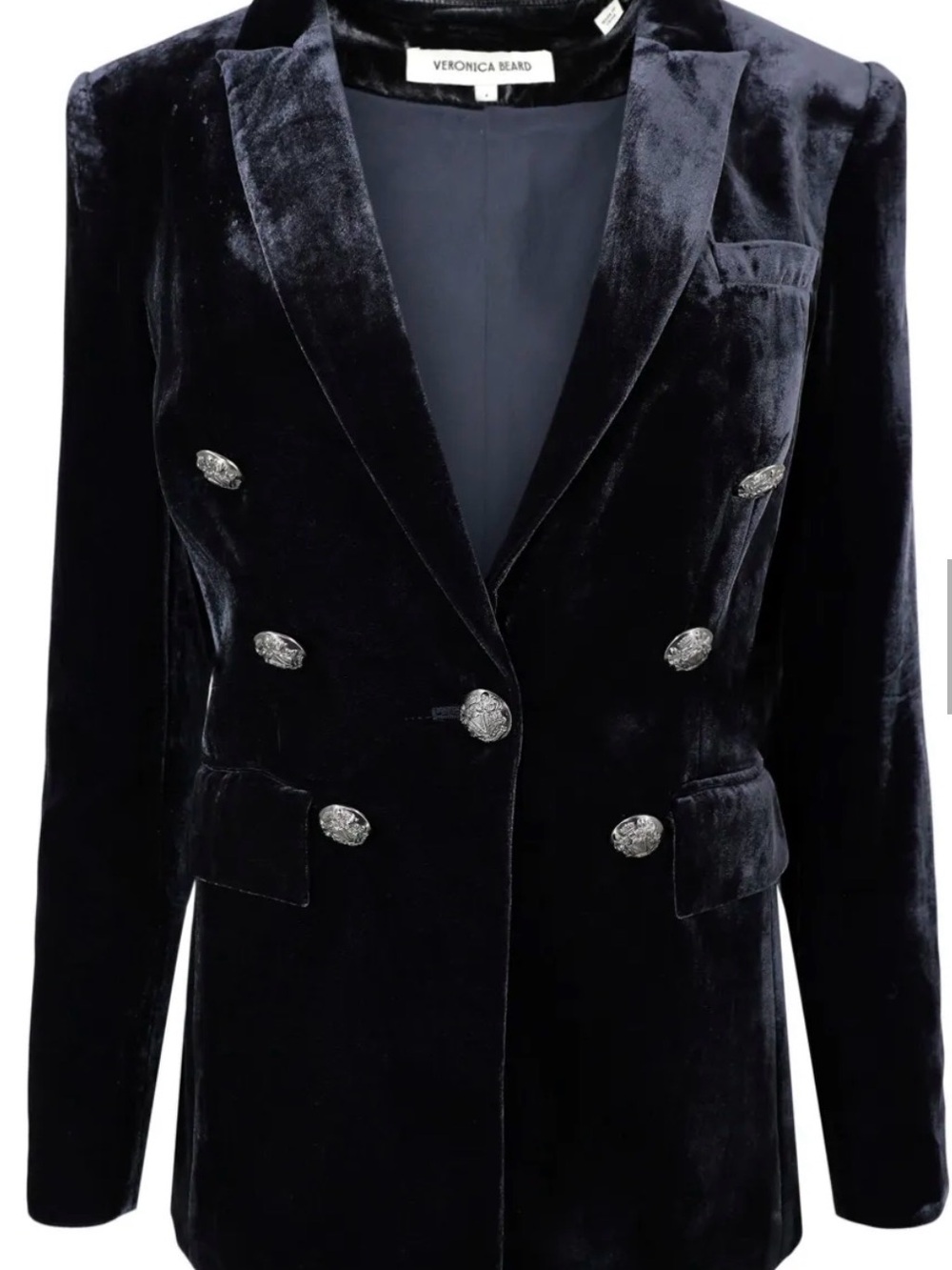 Veronica Beard Navy Velvet Double-Breasted Blazer with Silver Buttons